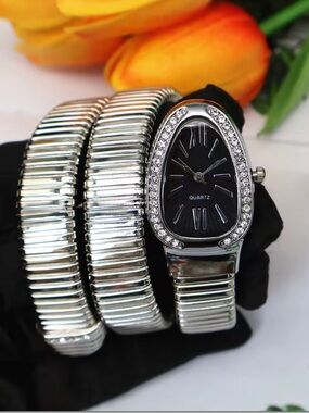 Women's Silver Crystal-Trim Black Dial Quartz Wrap Bracelet Watch